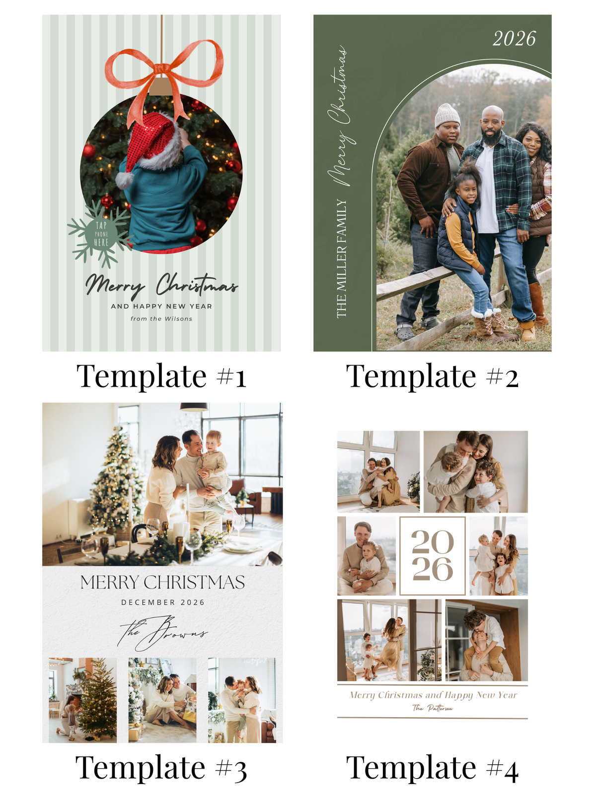 Four Christmas-themed photo collage templates labeled Template #1 through Template #4, shown on a white background. The designs include holiday ornaments, family portraits, a Christmas tree scene, and a collage with the year 2026.